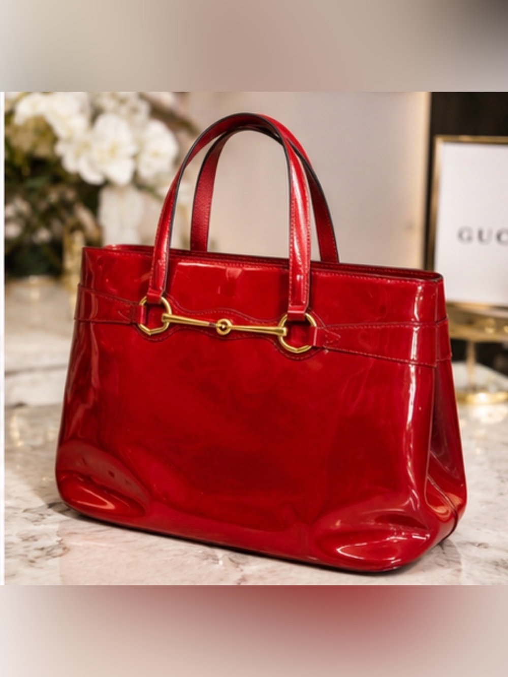 Gucci Horsebit Red Patent Leather Satchel Tote - China Exclusive Gold Hardware - Picture 4 of 7